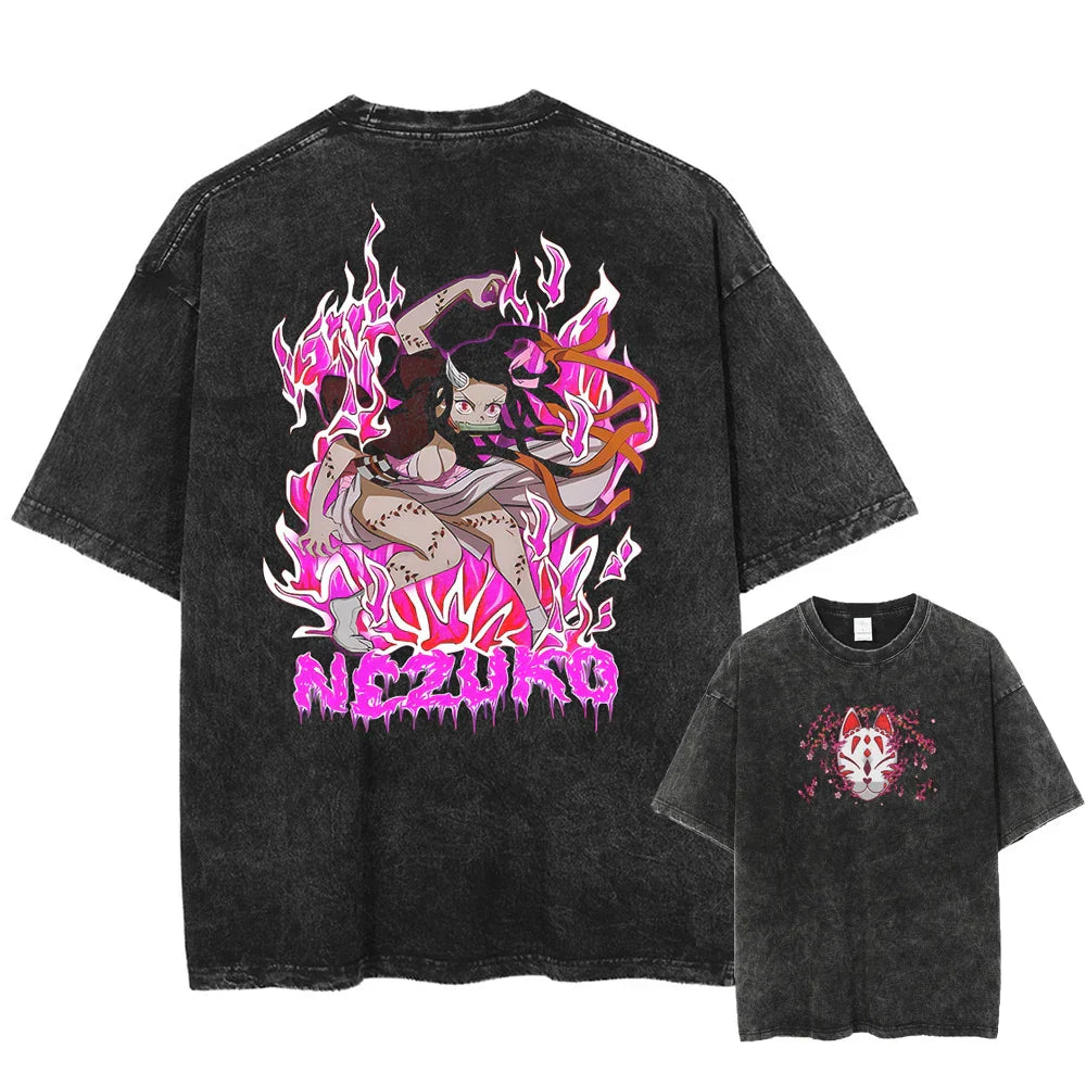 Demon Slayer Nezuko Blood Demon Art Flames Oversized Vintage T-Shirt